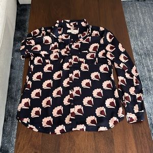 LOFT Long Sleeve Button-up Blouse - Blue with Maroon/Pink Flowers - Small